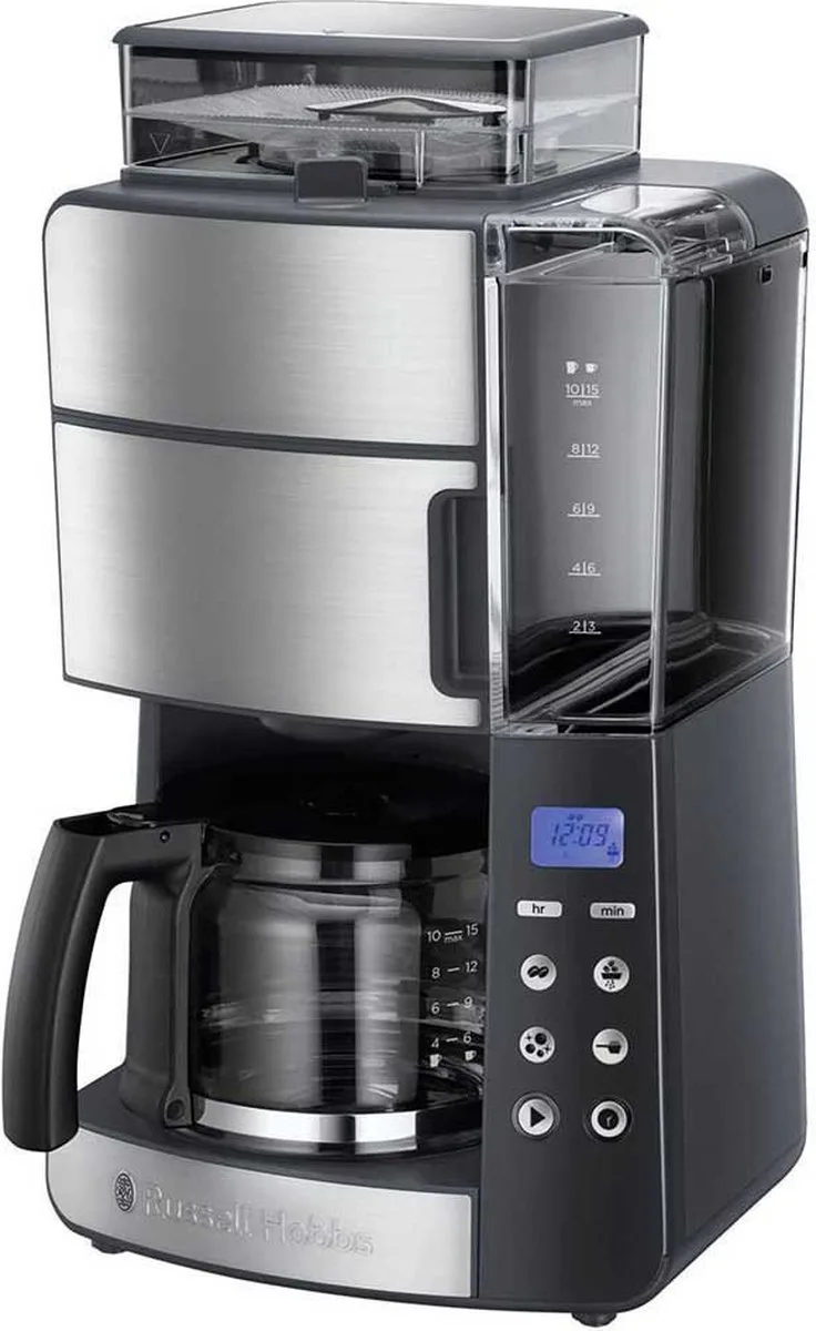 Grind and Brew Glass Carafe Volledig automatisch Filterkoffiezetapparaat 1,25 l by Russell Hobbs in Black, Roestvrijstaal – product photo