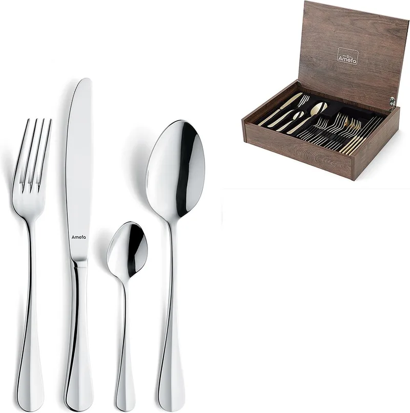 Baguette 24-delige Bestekset – 6 Personen – In Luxe Houten Cassette-Hoogwaardig 18/10 chroomnikkelstaal van Amefa in Zilver – productfoto