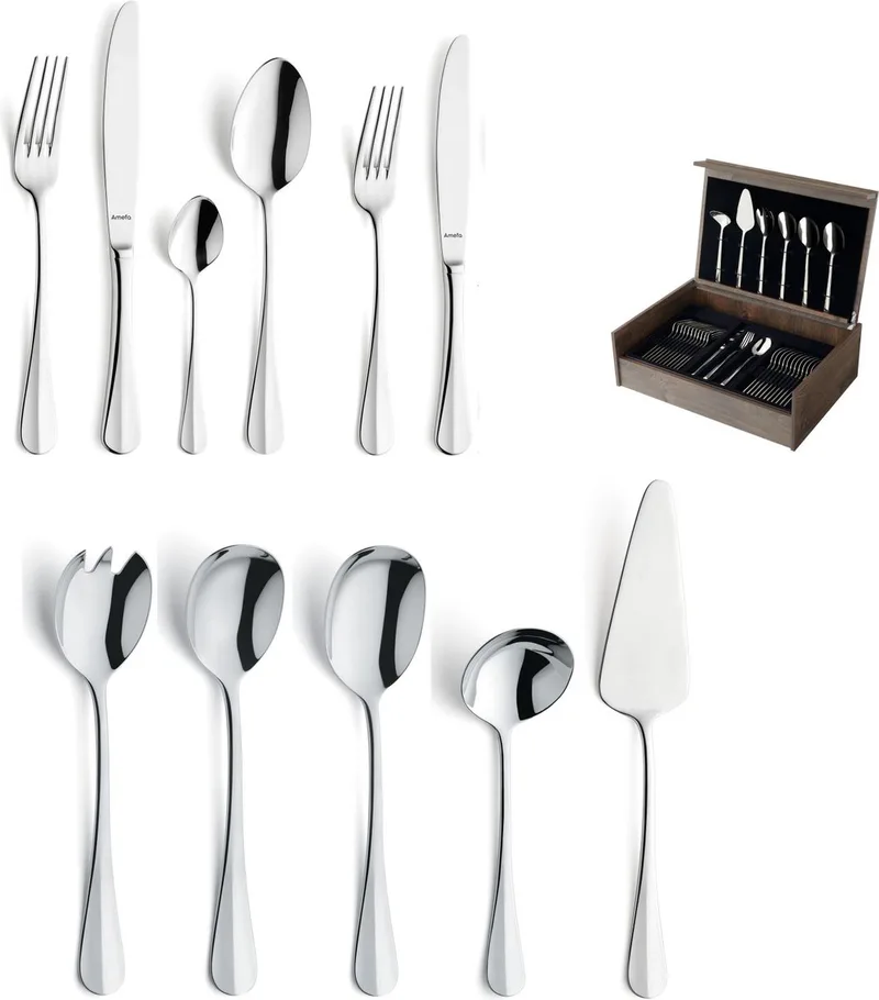 Baguette 78-delige Bestekset – 12 Personen – In Luxe Houten Cassette-Hoogwaardig 18/10 chroomnikkelstaal de Amefa en Argent – photo produit