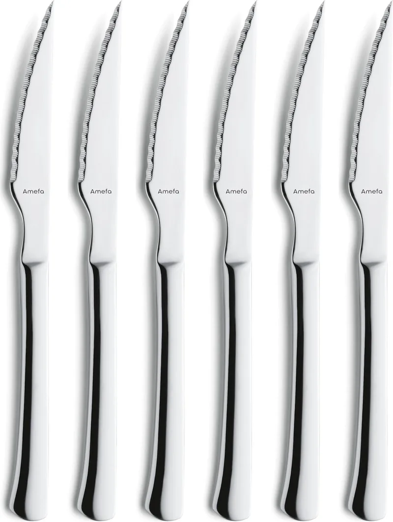 Chuletero 6-delige RVS Steakmessenset – Vlijmscherp – Micro-Serration – 13/0 Messenstaal – Hoogglans – Cadeauverpakking van Amefa in Zilver – productfoto
