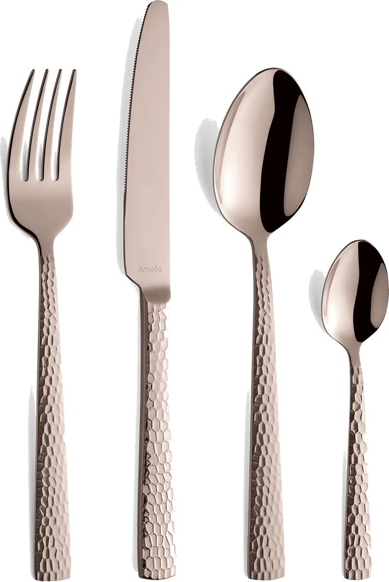Felicity Koper- 24 delige bestekset - 6 persoons- PVD Hammered hoogglans-18/0 Chroomstaal – Cadeauverpakking by Amefa in Rose Champange – product photo