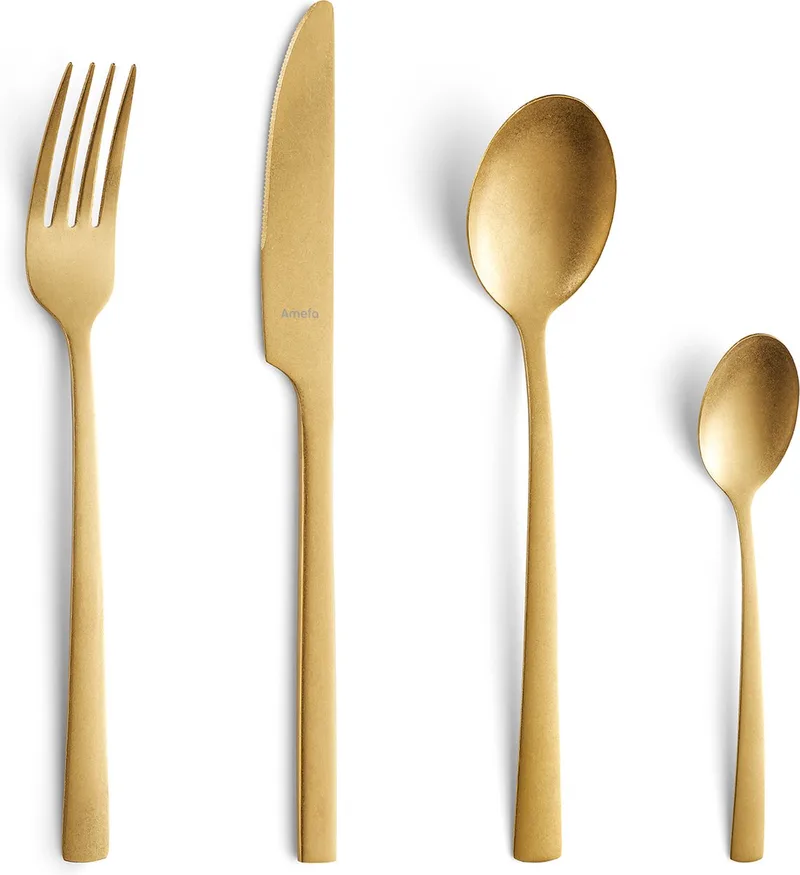 Manille Vintage Bestekset – 16-delig – 4 Personen – PVD Stonewash-18/0 Chroomstaal – Cadeauverpakking by Amefa in Gold – product photo