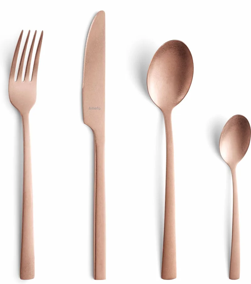 Manille Vintage Bestekset – 16-delig – 4 Personen – PVD Stonewash-18/0 Chroomstaal – Cadeauverpakking van Amefa in Koper – productfoto