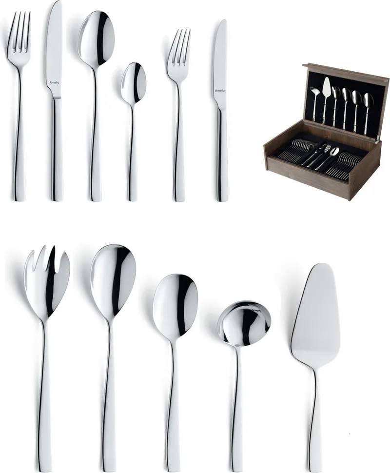 Martin 78-delige Bestekset – 12 Personen – In Luxe Houten Cassette-Hoogwaardig 18/10 chroomnikkelstaal fra Amefa i Sølv – produktbillede