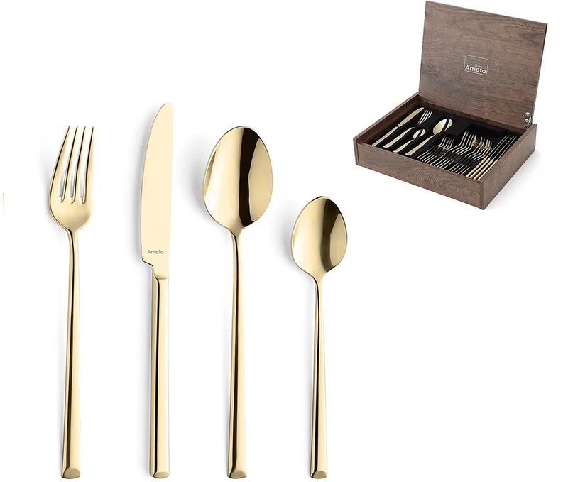 Metropole 24-delige Bestekset – 6 Personen- In Luxe Houten Cassette- Premium PVD Coating-Hoogwaardig 18/10 chroomnikkelstaal de Amefa en Or – photo produit