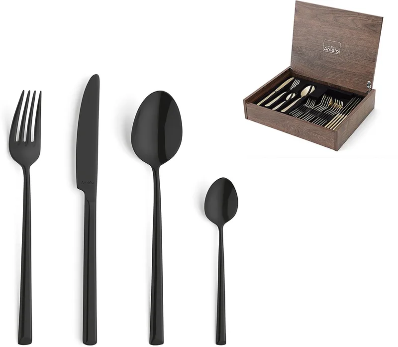 Metropole 24-delige Bestekset – 6 Personen- In Luxe Houten Cassette- Premium PVD Coating-Hoogwaardig 18/10 chroomnikkelstaal von Amefa in Schwarz – Produktfoto