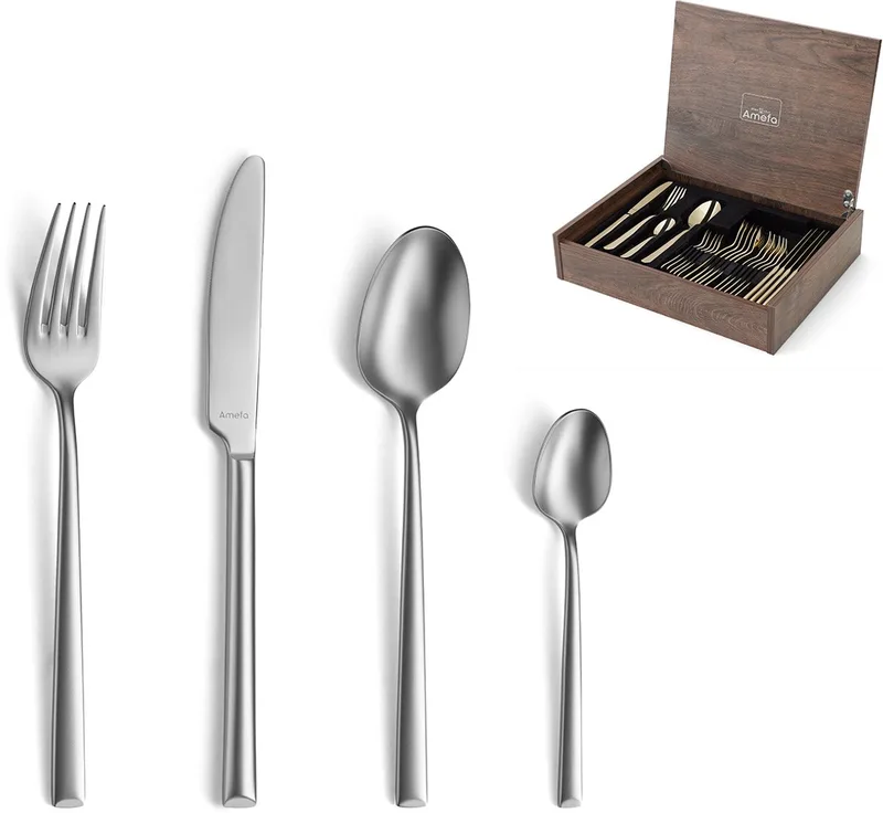 Metropole 24-delige Bestekset – 6 Personen – Mat– In Luxe Houten Cassette-Hoogwaardig 18/10 chroomnikkelstaal fra Amefa i Velvet – produktbillede