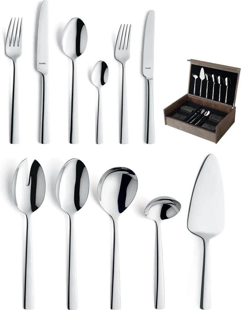 Moderno 78-delige Bestekset – 12 Personen – In Luxe Houten Cassette-Hoogwaardig 18/10 chroomnikkelstaal von Amefa in Silber – Produktfoto