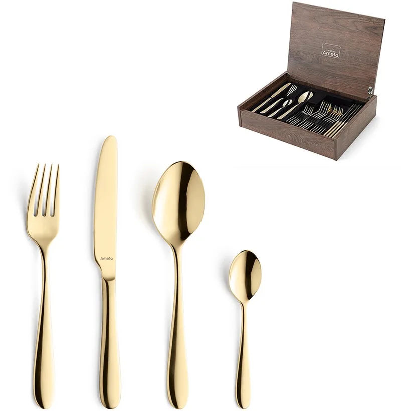 Oxford 24-delige Bestekset – 6 Personen- In Luxe Houten Cassette- Premium PVD Coating-Hoogwaardig 18/10 chroomnikkelstaal by Amefa in Gold – product photo