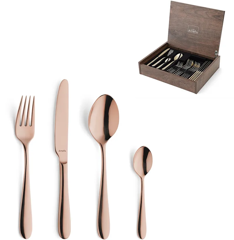 Oxford 24-delige Bestekset – 6 Personen- In Luxe Houten Cassette- Premium PVD Coating-Hoogwaardig 18/10 chroomnikkelstaal van Amefa in Koper – productfoto