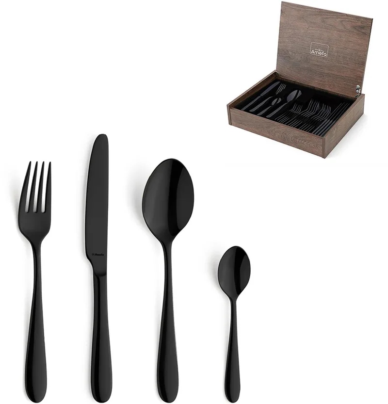 Oxford 24-delige Bestekset – 6 Personen- In Luxe Houten Cassette- Premium PVD Coating-Hoogwaardig 18/10 chroomnikkelstaal van Amefa in Zwart – productfoto