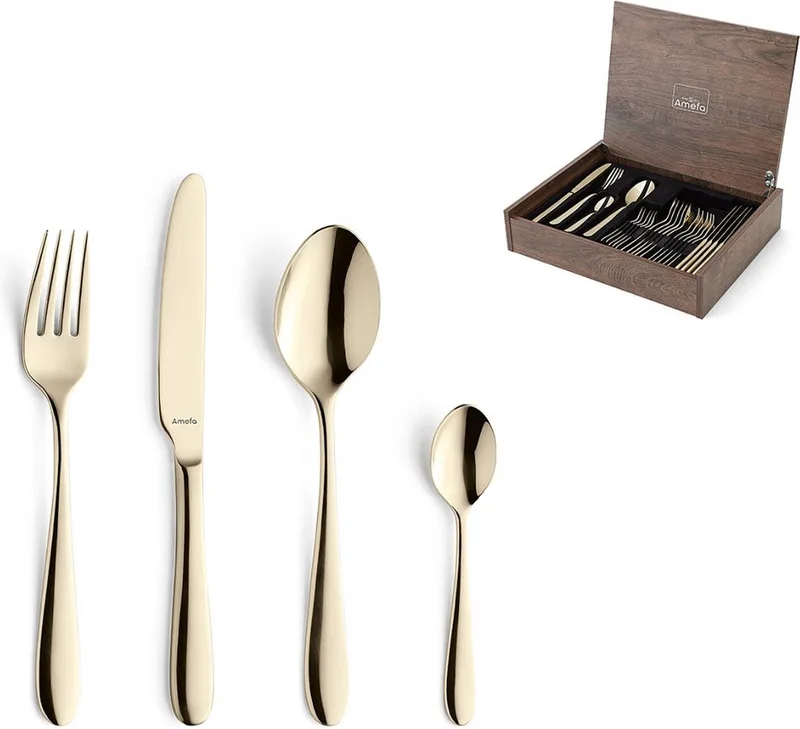 Oxford 24-delige Bestekset – 6 Personen- In Luxe Houten Cassette- Premium PVD Coating-Hoogwaardig 18/10 chroomnikkelstaal by Amefa in Champagne – product photo
