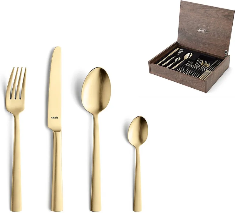 Ventura 24-delige Bestekset – 6 Personen- - Satijn- In Luxe Houten Cassette- Premium PVD Coating-Hoogwaardig 18/10 chroomnikkelstaal de Amefa en Or – photo produit