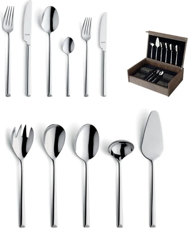 Ventura 78-delige Bestekset – 12 Personen – Satijn – In Luxe Houten Cassette-Hoogwaardig 18/10 chroomnikkelstaal de Amefa en Argent – photo produit