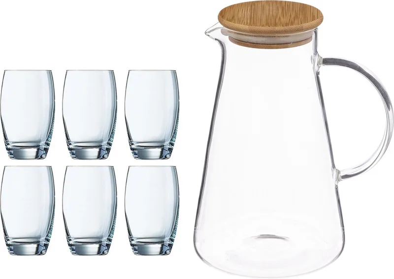 Waterglazen Salto met karaf - set 6x stuks glazen - 350ml - en schenkkan van 1.5 liter - met dop van Arcoroc in Transparant – productfoto