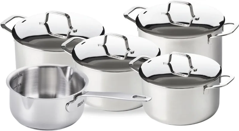 Maestro Pannenset 5-Delig - Kookset Cookware - RVS 18/10 - PFAS Vrij - Voor Alle Warmtebronnen, Inhoud Ø16/Ø20/Ø24 cm, Steelpan Ø16 cm, Soeppan Ø24 cm von Beka in Silber – Produktfoto
