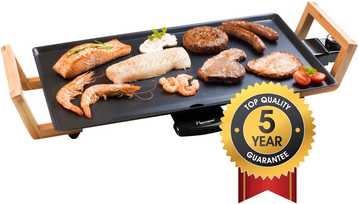 Bakplaat - ABP602BB - 2000W - Gourmet, Grillplaat M 47x26cm - 4-6 personen - Bamboe - 5 jaar garantie de Bestron en Noir – photo produit