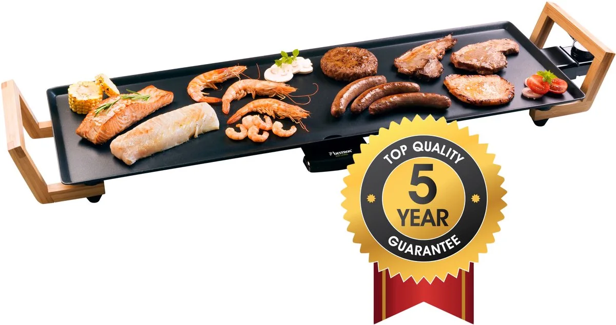 Bakplaat - ABP603BB - 1800W - Gourmet, Grillplaat L 70x23cm - 6-8 personen - Bamboe - 5 jaar garantie de Bestron en Noir – photo produit
