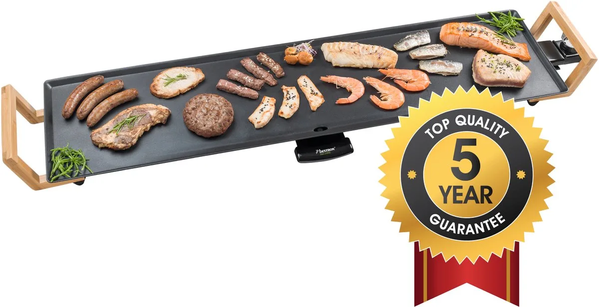 Bakplaat - ABP604BB - 1800W - Gourmet, Grillplaat XL 90x23cm - 8-10 personen - Bamboe - 5 jaar garantie van Bestron in Zwart – productfoto