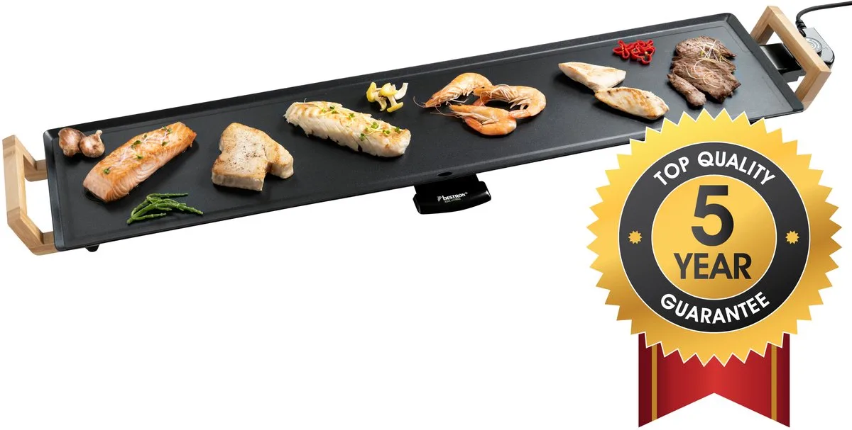 Bakplaat - ABP605BB - 2000W - Gourmet, Grillplaat XXL 100x22cm - 10-12 personen - Bamboe - 5 jaar garantie van Bestron in Zwart – productfoto