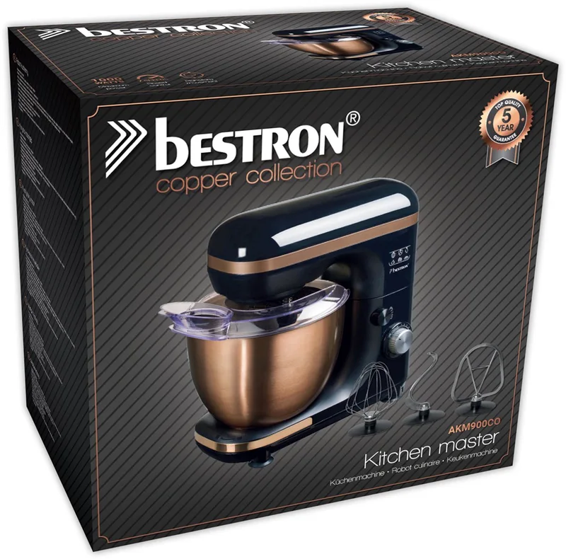 Bestron 4-in-1 Keukenmachine, 7 Snelheidsstanden, incl. Garde, Kneedhaak en Mengarm, met spatscherm & mengkom van 2,5 liter, 1000W, kleur: koper by Bestron in Black – product photo