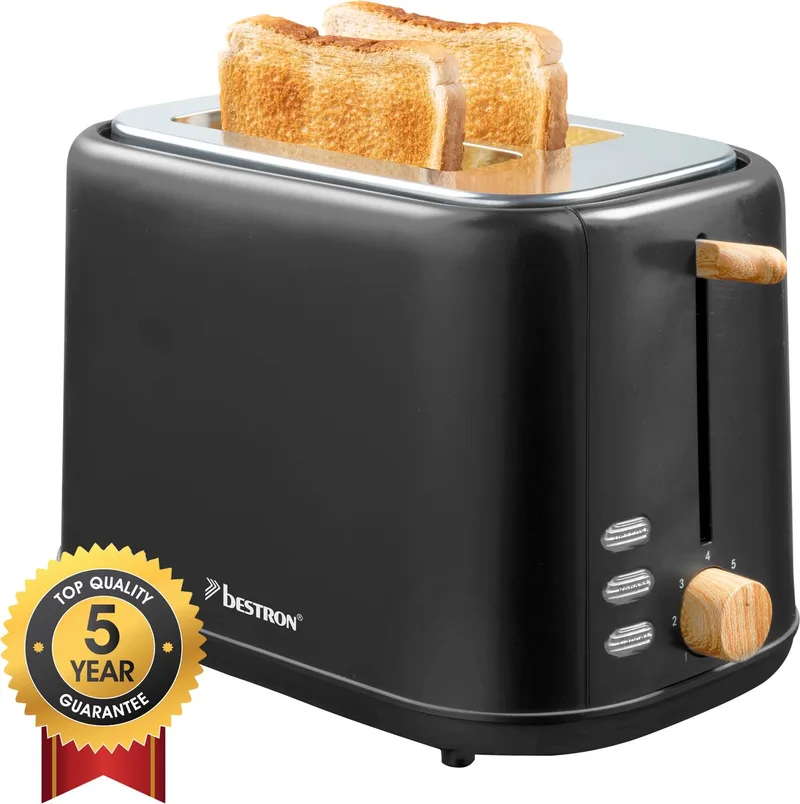 Broodrooster ATO850BW - 800W - 7 Bruiningsniveau's - 2 Broodsleuven voor 2 boterhammen - 5 jaar garantie von Bestron in Schwarz, Hout – Produktfoto