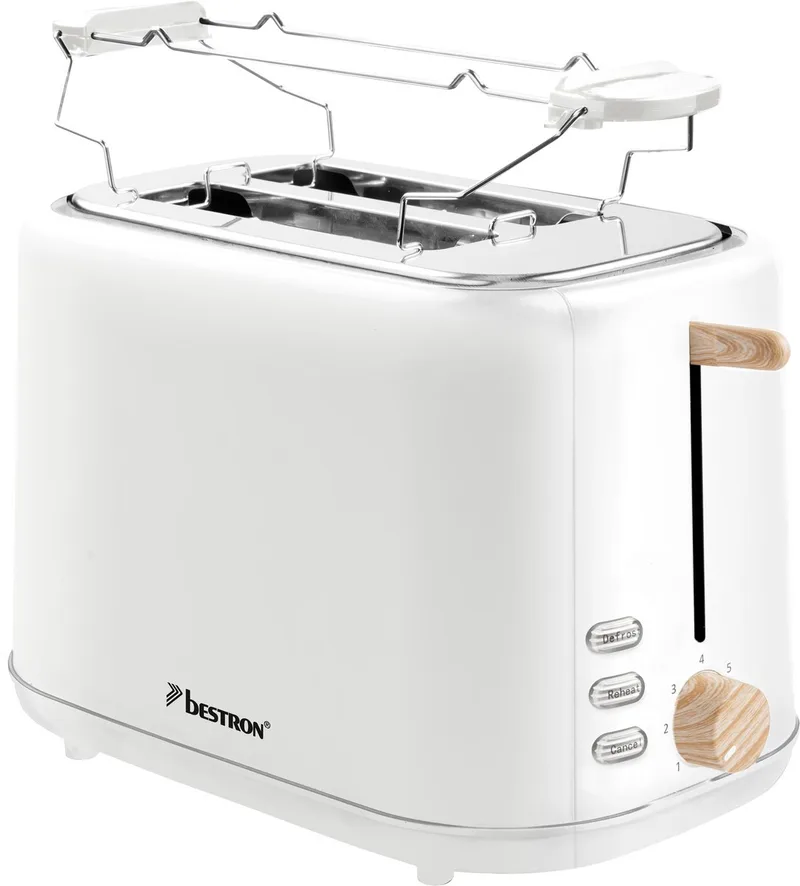 Broodrooster ATO850NH – 2 Sleuven – 7 Bruiningsstanden – 800 W – Opwarm- & Ontdooifunctie – Kruimellade von Bestron in Weiß – Produktfoto