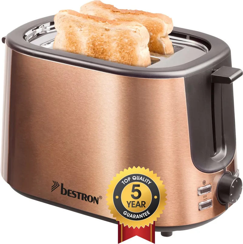 Broodrooster ATS1000CO - 1000W - 7 Bruiningsniveau's - 2 Broodsleuven voor 2 boterhammen - 5 jaar garantie von Bestron in Kupfer – Produktfoto