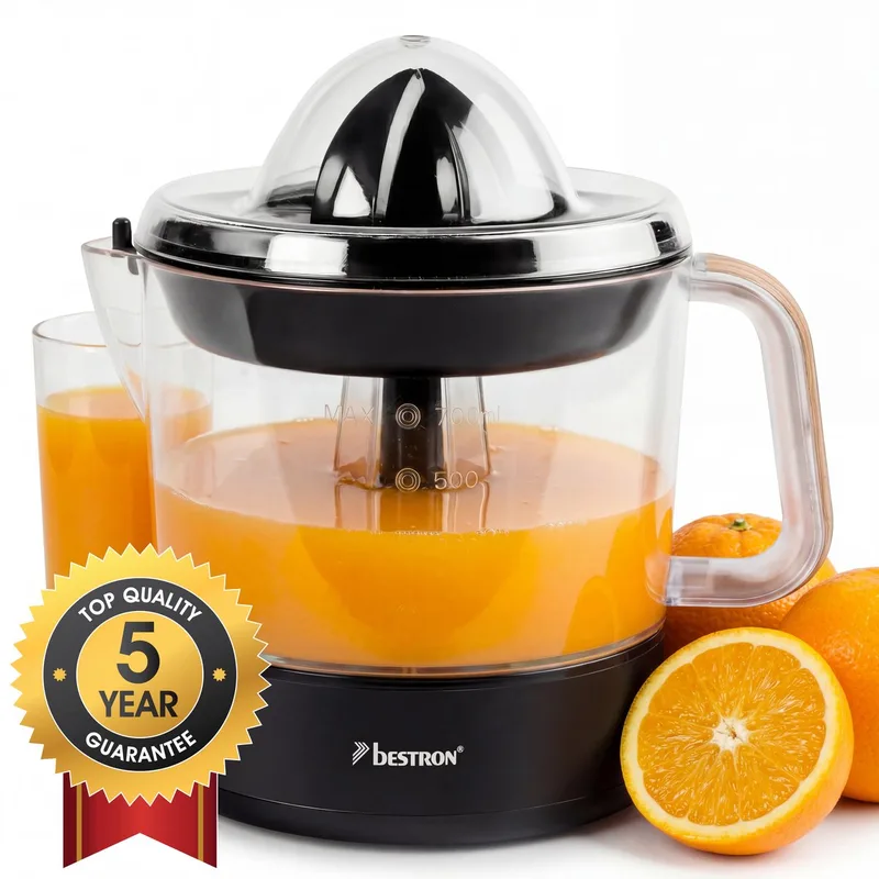 Citruspers Elektrisch - ACJ350BW - 40W - Incl. 2 perskegels, aromadeksel, sap reservoir - 0,7 Liter - 5 jaar garantie de Bestron en Noir – photo produit