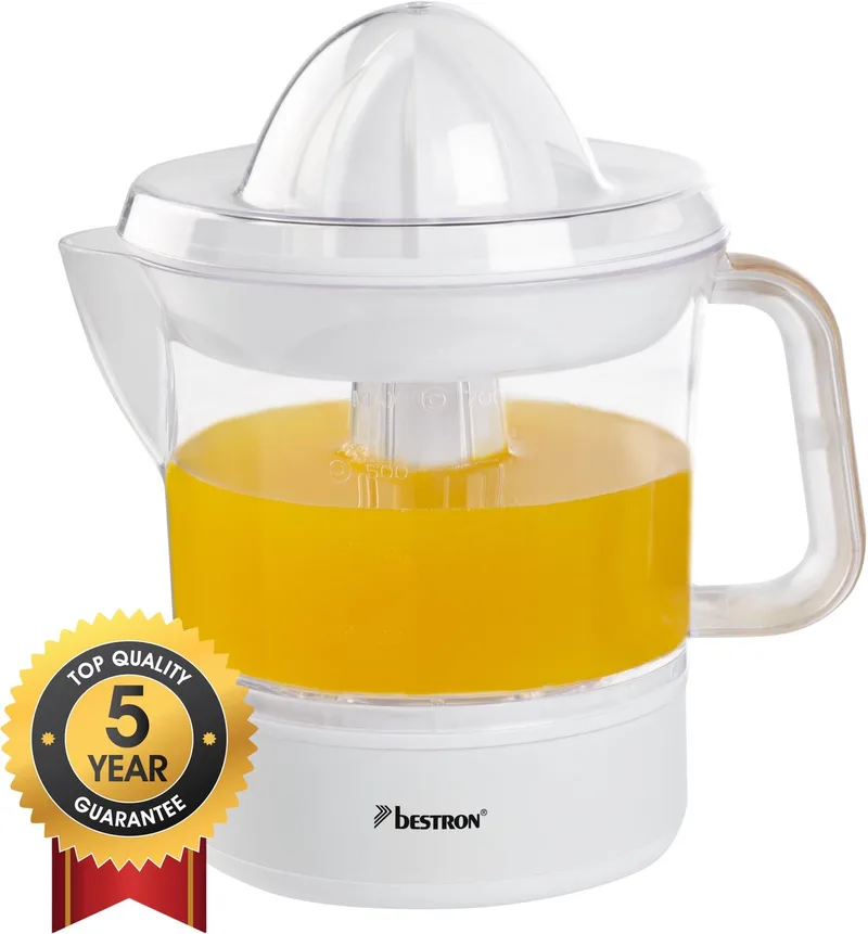Citruspers Elektrisch - ACJ350NH - 40W - Incl. 2 perskegels, aromadeksel, sap reservoir - 0,7 Liter - 5 jaar garantie van Bestron in Wit – productfoto