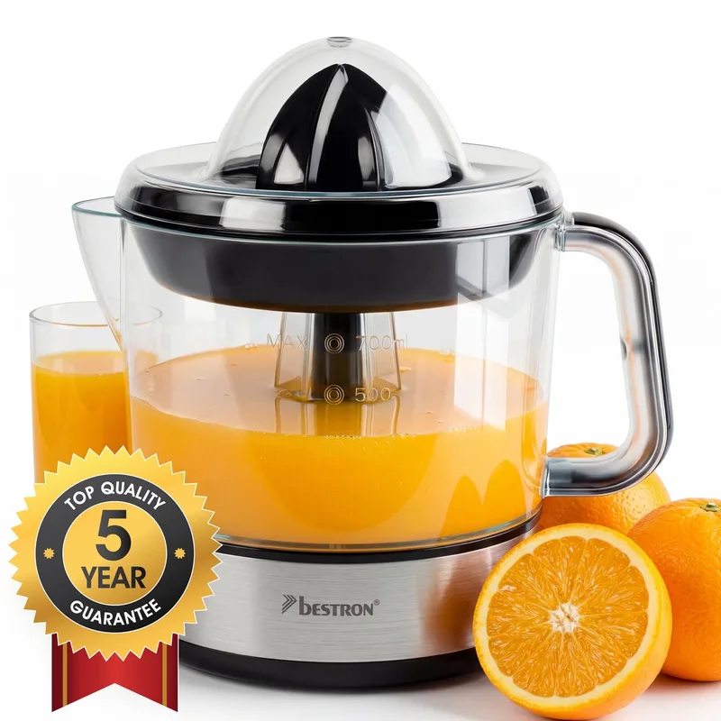Citruspers Elektrisch - ACJ350Z - 40W - Incl. 2 perskegels, aromadeksel, sap reservoir - 0,7 Liter - 5 jaar garantie van Bestron in Zilver – productfoto