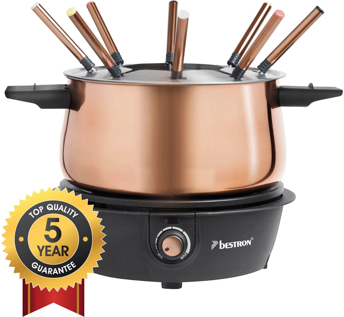 Fondueset Elektrisch AFD850CO - 1500W - 1,5L voor 8 personen - Incl 8 fonduevorkjes - 5 jaar garantie van Bestron in Koper – productfoto