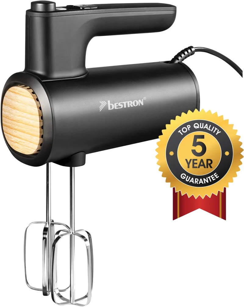 Handmixer AHMD100BW - 6 snelheden incl. Turbo - 400W - Mixer met gardes kneedhaken - Zwart/hout - 5 jaar garantie de Bestron en Noir, Hout – photo produit