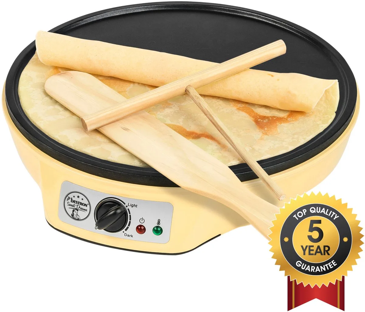 Pannenkoekenmaker - ASW602 - 1000W - Crêpemaker - 30cm - Incl houten stapel en verdeler - 5 jaar garantie van Bestron in Geel – productfoto