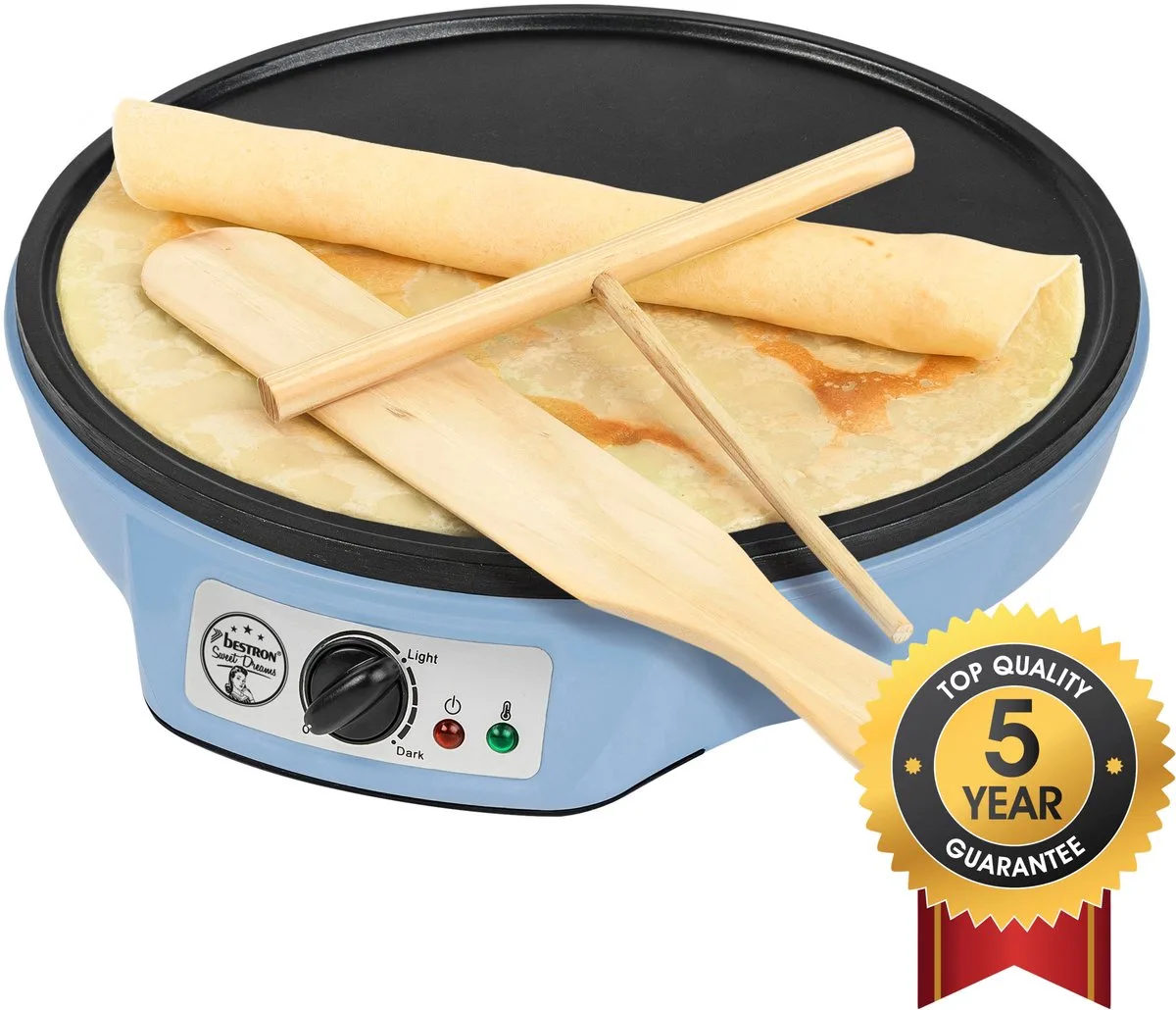Pannenkoekenmaker - ASW602B - 1000W - Crêpemaker - 30cm - Incl houten stapel en verdeler - 5 jaar garantie van Bestron in Blauw – productfoto