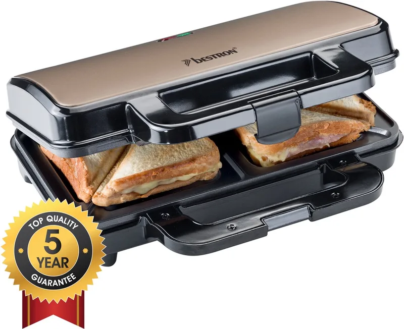 Tosti apparaat - ASM90XLSAT - 900W - Voor 2 tosti's - Anti aanbaklaag - Wit/Grijs - 5 jaar garantie von Bestron in Beige – Produktfoto