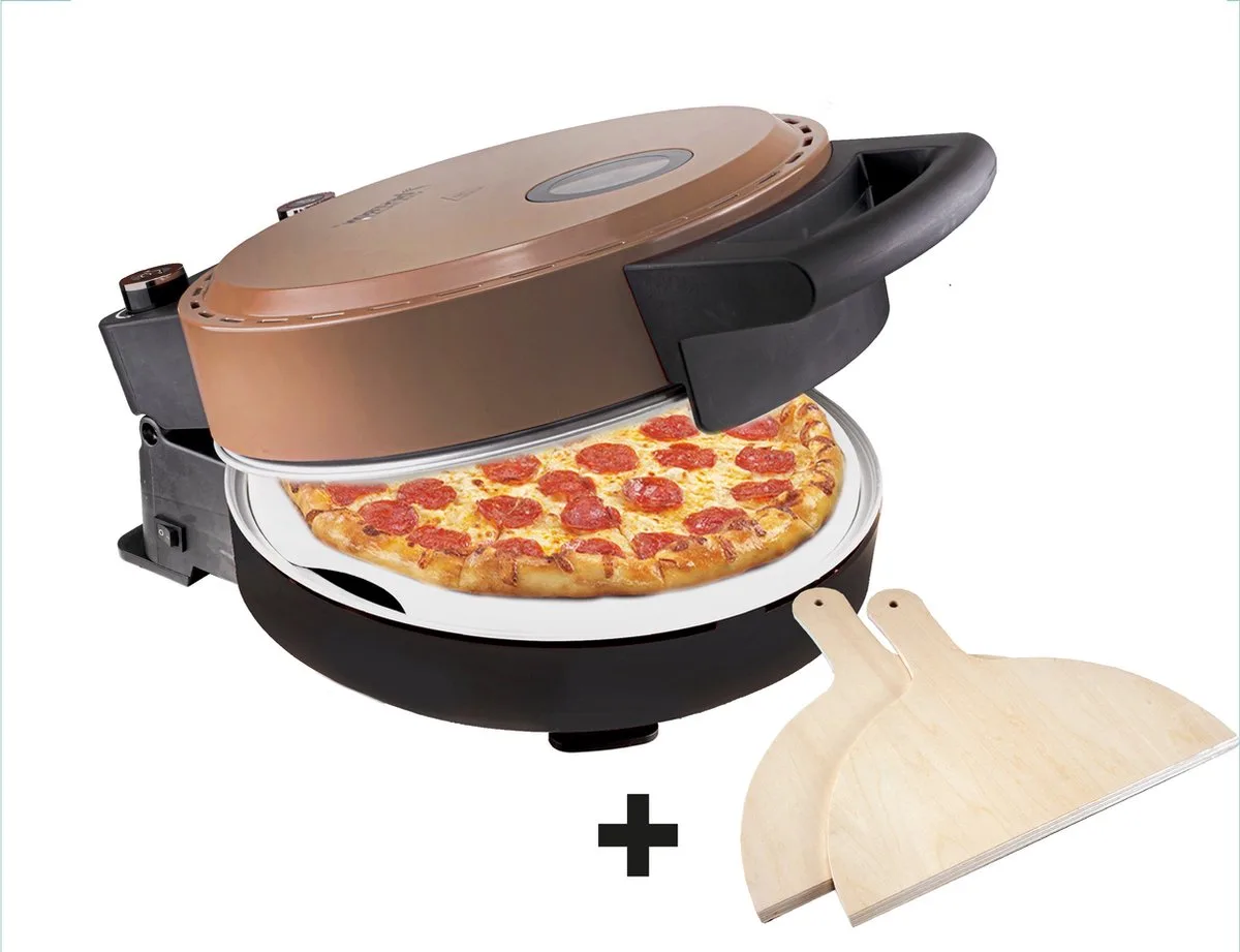 Turbo Pizzaoven – 320°C – Knapperige pizza’s in 5–10 min – Inclusief pizzasteen & 2 houten spatels – Koperkleur - 5 jaar garantie van Bestron in Koper – productfoto