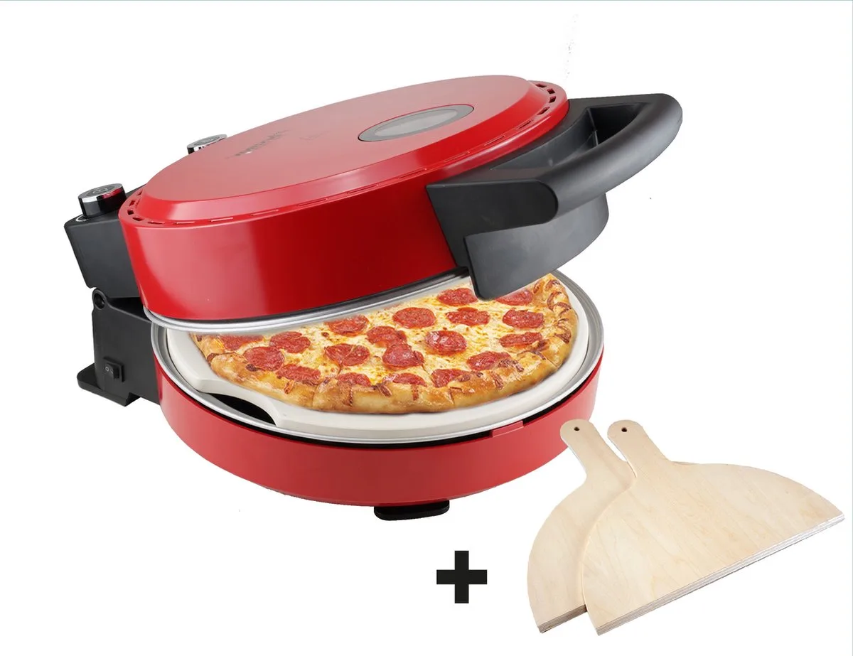Turbo Pizzaoven voor pizza's in 5-10 minuten, elektrische pizzaoven met echte maximumtemperatuur van 320°C, inclusief pizzasteen en 2 grote houten spatels, Black Label, kleur van Bestron in Rood – productfoto