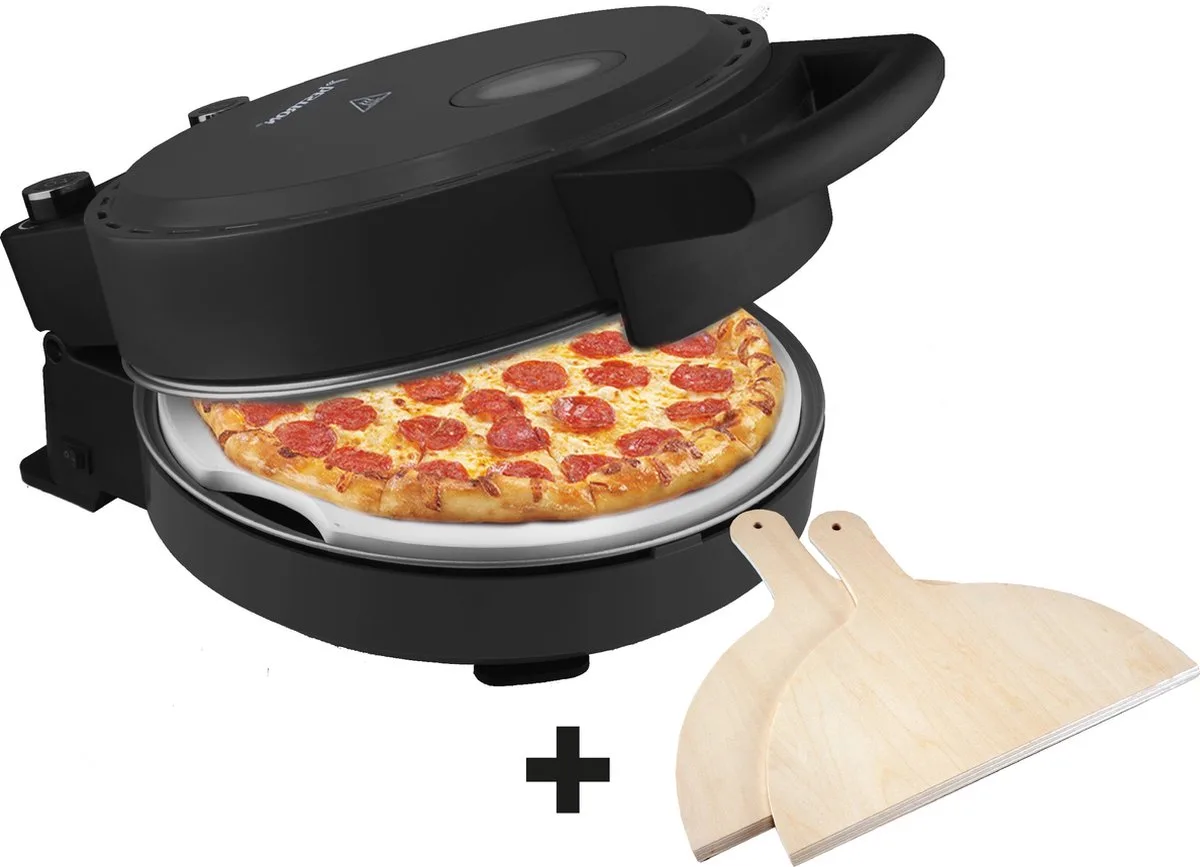 Turbo Pizzaoven voor pizza's in 5-10 minuten, elektrische pizzaoven met echte maximumtemperatuur van 320°C, inclusief pizzasteen en 2 grote houten spatels, Black Label, kleur från Bestron i Matzwart – produktbild