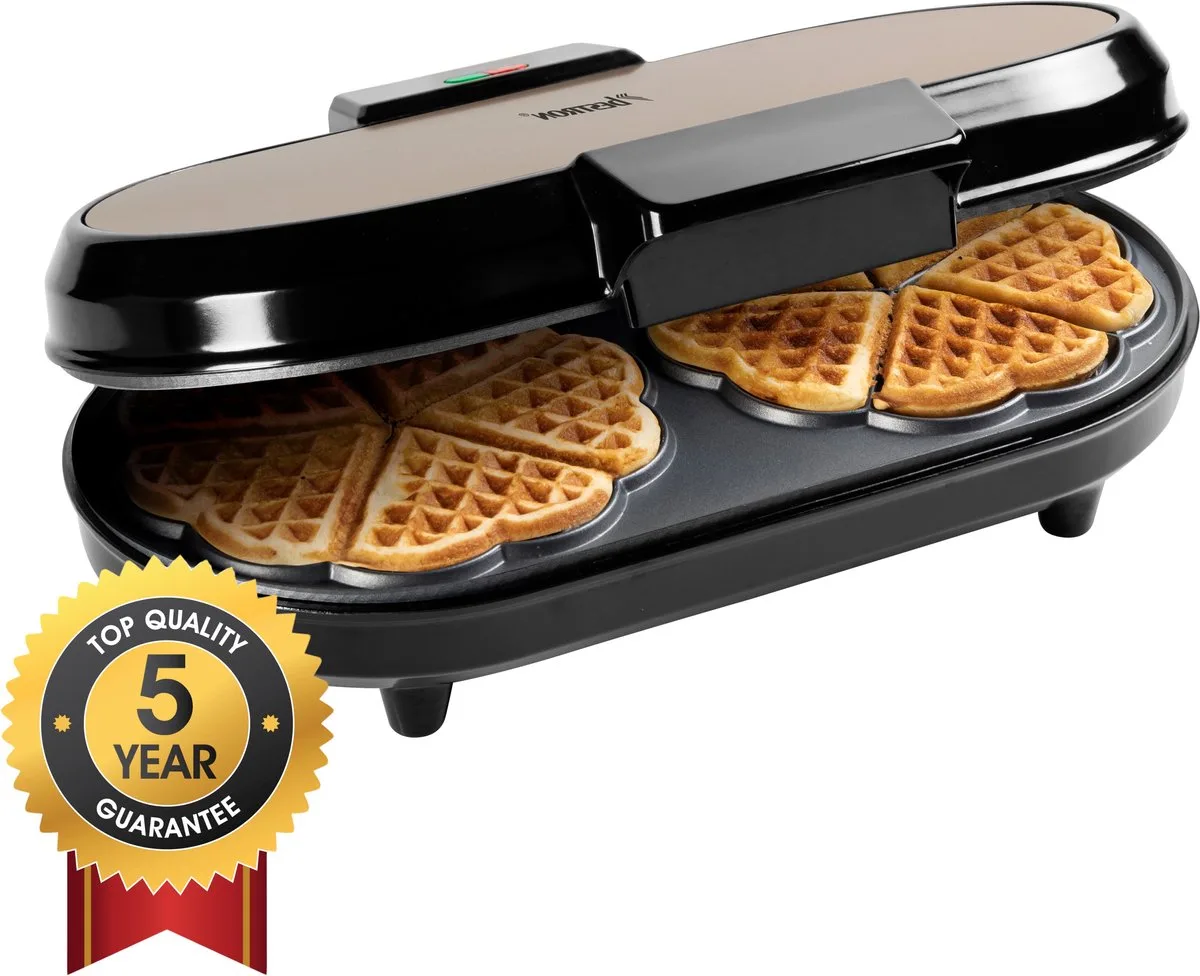 Wafelijzer - ADWM730SAT - 1000W - 10 hartvormige wafels - Anti aanbaklaag - 5 jaar garantie van Bestron in Beige, Zwart – productfoto