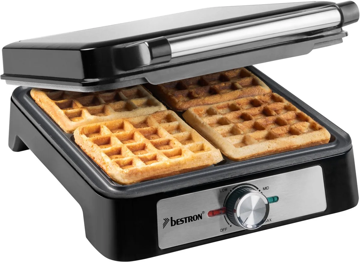 Wafelijzer ASW1600S – 4 Wafels per Bakbeurt – Instelbare Thermostaat – Antiaanbaklaag – 1600 W van Bestron in Zilver – productfoto