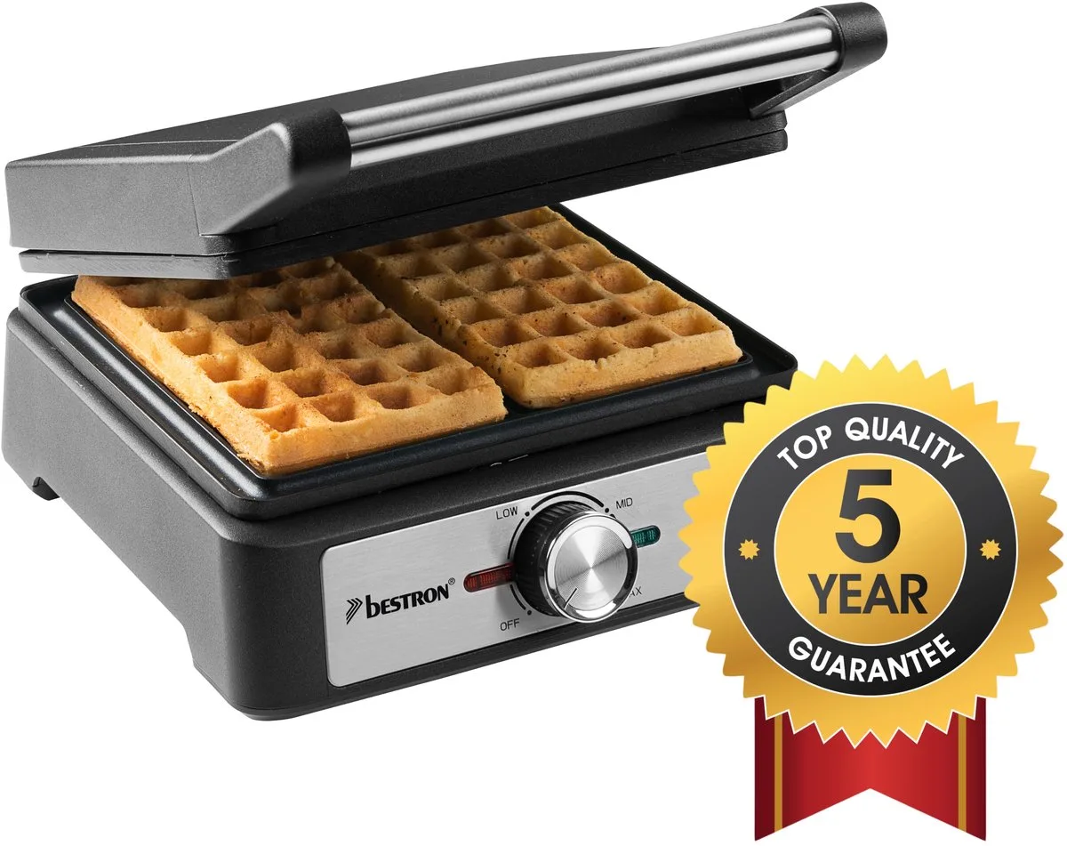 Wafelijzer - AWM100BL - 1600W - 2 wafels - Anti aanbaklaag - 5 jaar garantie de Bestron en Argent, Noir – photo produit