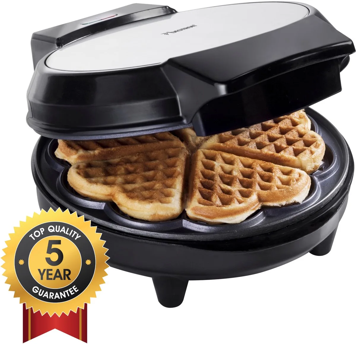 Wafelijzer - AWM700S - 700W - 5 hartvormige wafels - Anti aanbaklaag - 5 jaar garantie van Bestron in Zilver, Zwart – productfoto
