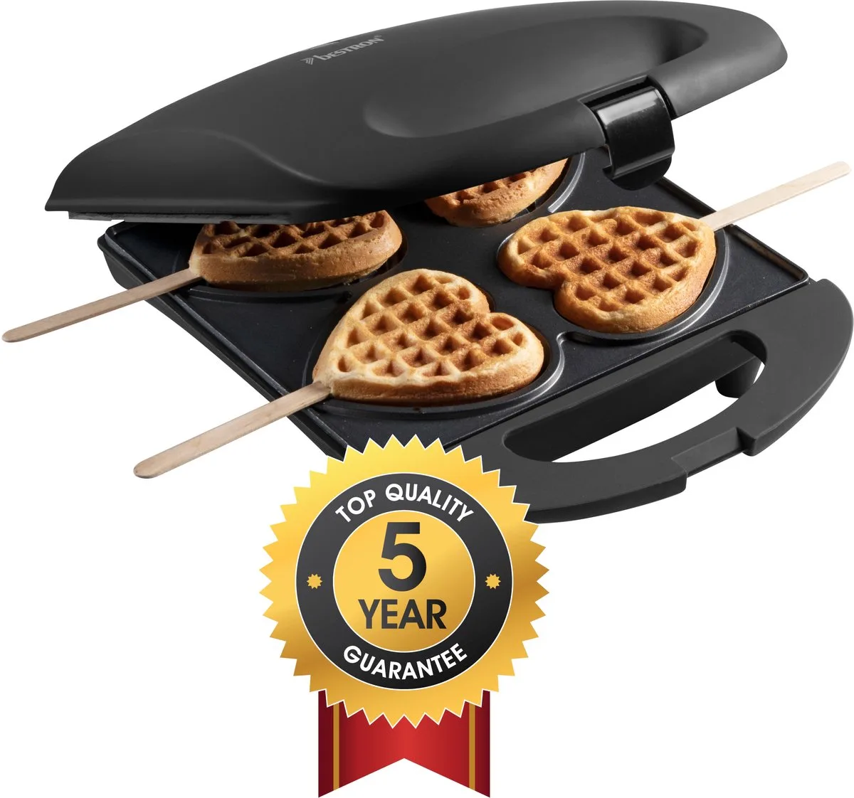 Wafelijzer - DSW271BL - 1400W - 4 mini hartvormige wafels - incl. 20 houten stokjes - 5 jaar garantie by Bestron in Black – product photo