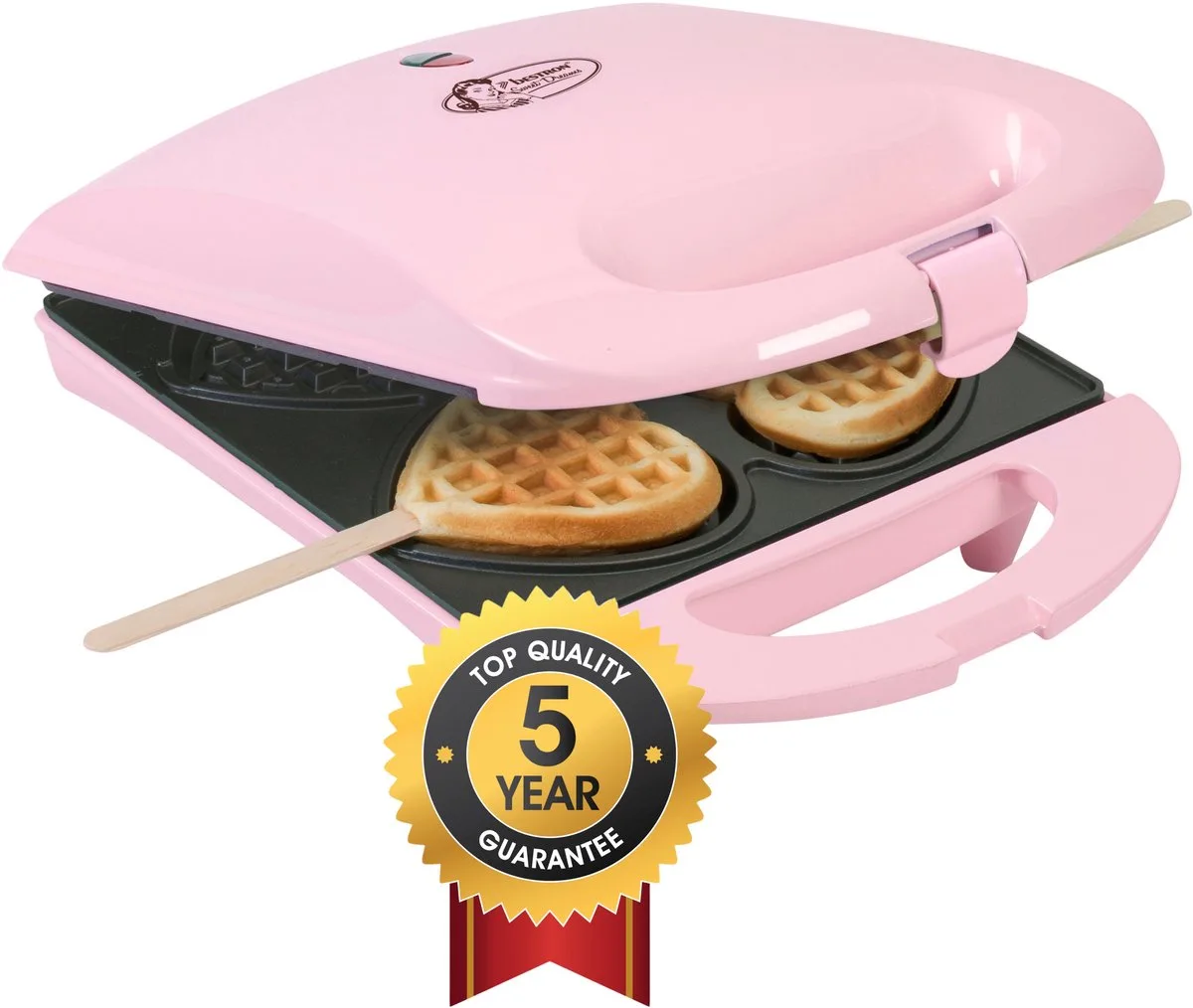 Wafelijzer - DSW271P - 1400W - 4 mini hartvormige wafels - Incl.20 houten stokjes van Bestron in Roze – productfoto
