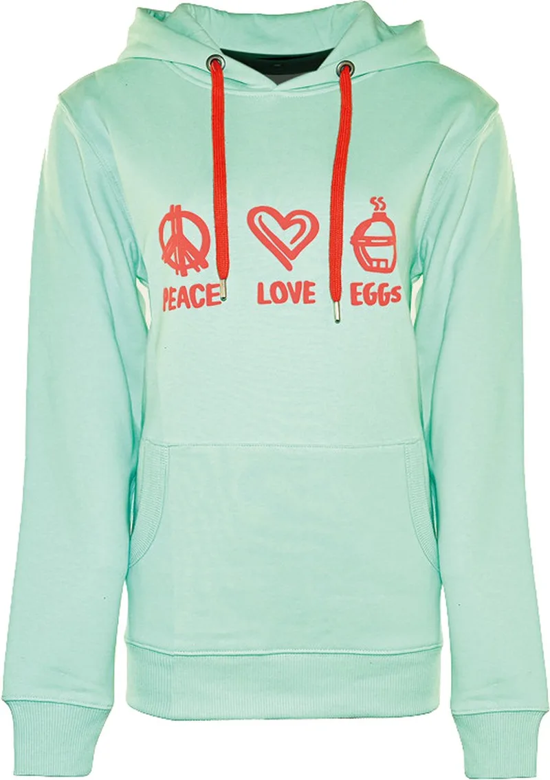 Sweater - Dames - Large - Peace, Love, EGGs - Hoodie - Kaptrui van Big Green Egg in Groen – productfoto