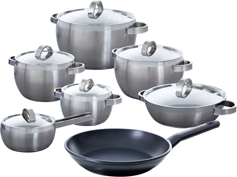 Apple Pannenset 7-delig - 16/18/20/24/28cm - Zonder PFAS-vrije antikleeflaag - Koekenpan inductie - Pannenset inductie - pannenset - Ovenbestendig tot 230°C - Met glazen deksel - Zilver van BK in Rvs – productfoto