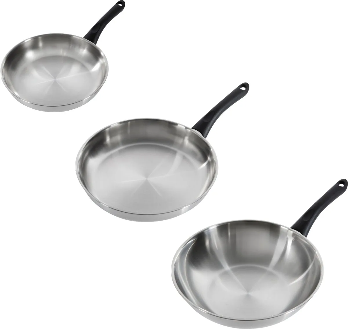 Bold Pannenset 3-delig - 24/28/28 cm - Koekenpannen & Wokpan - Zonder PFAS-vrije antikleeflaag - Inductie pannenset - RVS pannen - Koudgrepen - Ovenbestendig tot 160°C - Vaatwasserbestendig - Zonder deksels van BK in Zilver – productfoto