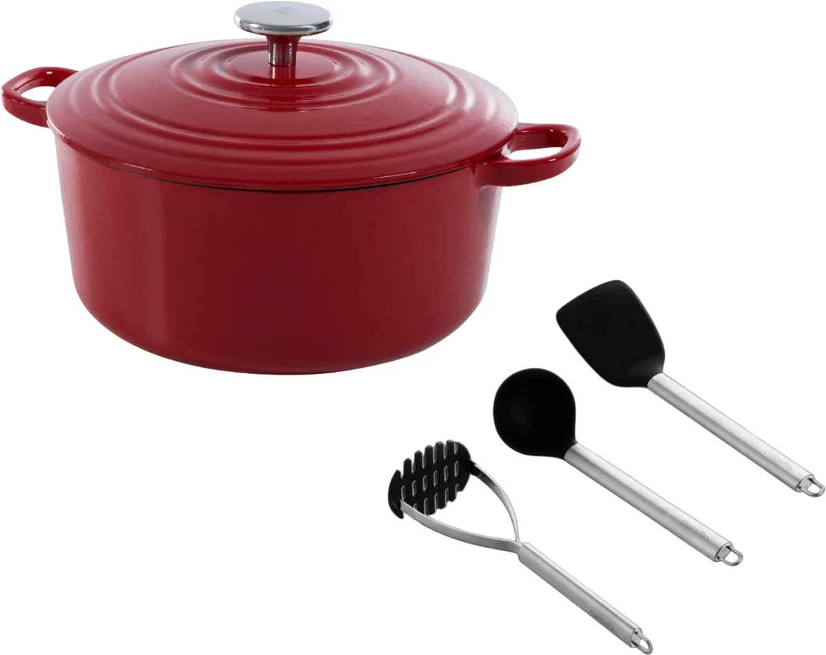 Bourgogne Braadpan 20cm/2.5L - Inductie braadpan - Gietijzeren braadpan - Ovenbestendig tot 230 graden - Deksel met druipringen - Wit geëmailleerde binnenkant - Met Spatelset von BK in Chili red – Produktfoto