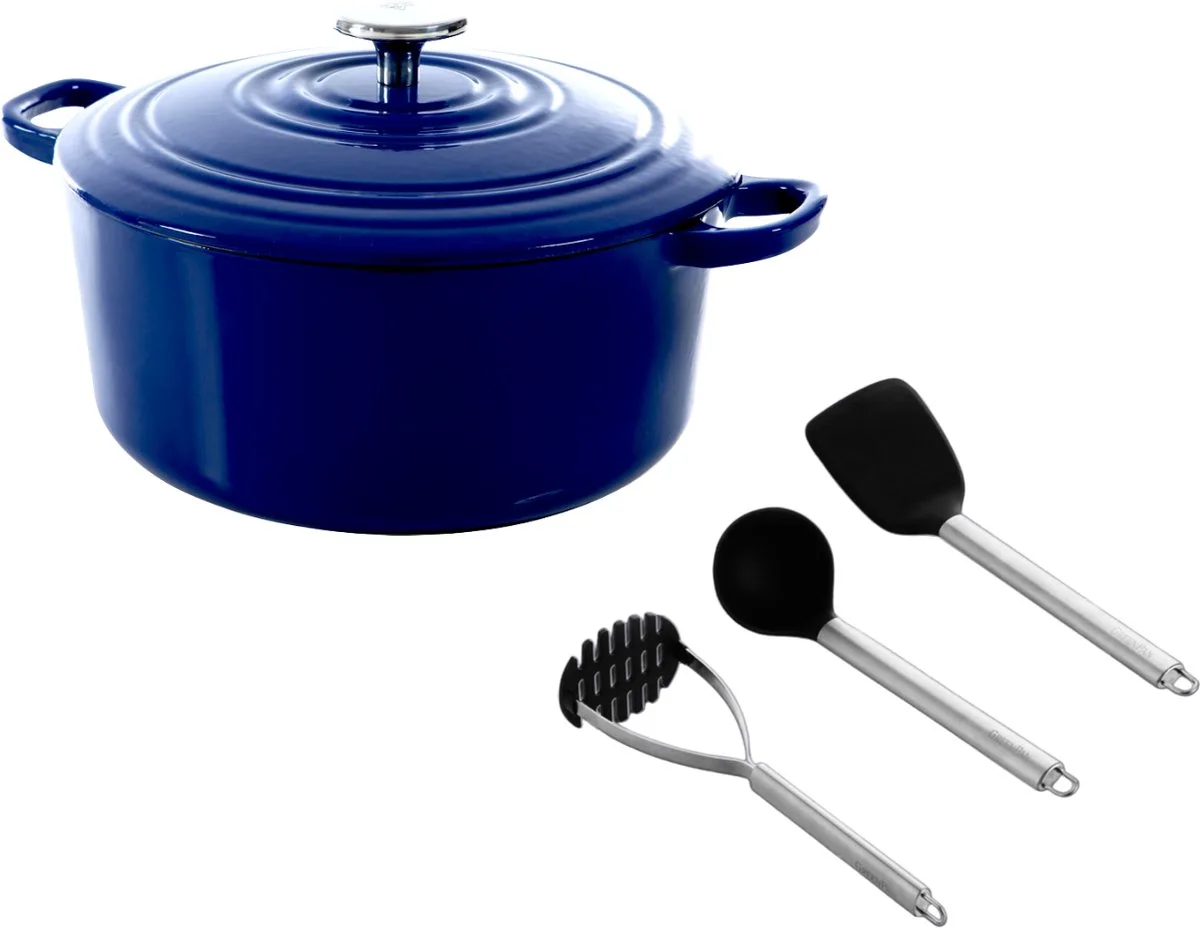 Bourgogne Braadpan 24cm/4.2L - Inductie braadpan - Gietijzeren braadpan - Ovenbestendig tot 230 graden - Deksel met druipringen - Wit geëmailleerde binnenkant - Met Spatelset von BK in Royal Blue – Produktfoto